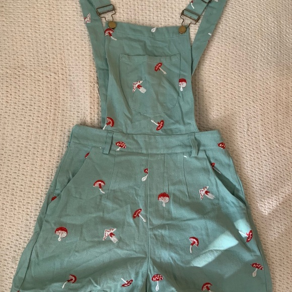 New Cider Blue Mushroom Embroidered Vintage Overalls Shorts Playsuit - Picture 5 of 8